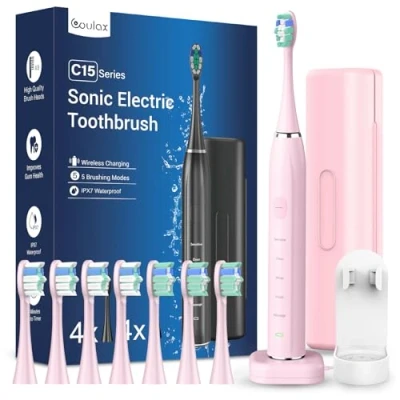 Obrázek elektrický zubní kartáček sonický pro dospělé ultrazvukové kartáčky s cestovním pouzdrem a nabíjecí stanicí, Toothbrush 8 hlavicemi kartáčku, 5 režimů