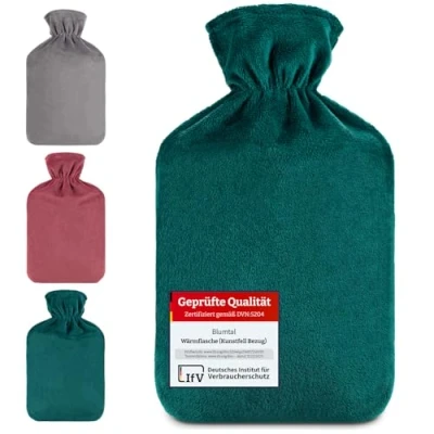 Obrázek Blumtal Prémiová ohřívací láhev s potahem z měkkého fleecu přírodního kaučuku na postel pro dospělé Hot Water Bag Luxus nepropustná lůžková měkká baňka Petrol