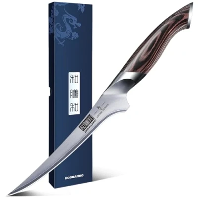 Obrázek HOSHANHO Filetovací nůž 18 cm kuchyňský nůž, profesionální na ryby a vykosťovací rybí filé ultra ostrý s ergonomickou rukojetí z dřeva Pakka