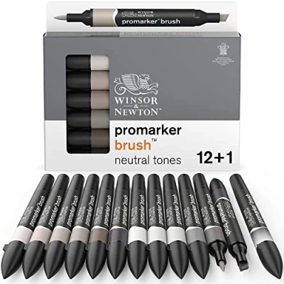 Obrázek Winsor &amp; Newton 0290144 ProMarker štětec na kreslení, kaligrafii, design a rozvržení, kreslení beze šmouh s klínovým štětcovým hrotem), sada 13 barev neutrální tóny