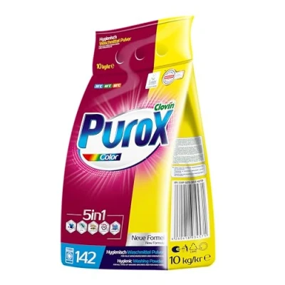 Obrázek prací prášek PUROX COLOR ve fóliovém sáčku (142 pracích dávek) prostředek na barevné textilie, odstraňuje skvrny, šetrný k životnímu prostředí, chrání před usazeninami vodního kamene, 10 kg