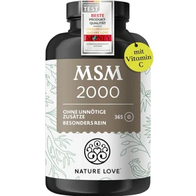 Obrázek NATURE LOVE® MSM 2000 mg s vitaminem C 365 laboratorně testovaných tablet kompaktnější prášek než v kapslích bez přísad, vysoká dávka, veganská, vyrobeno Německu
