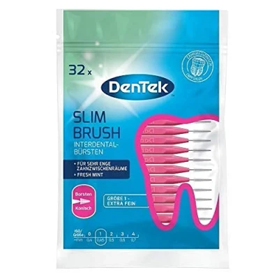 Obrázek DenTek Slim Brush velikost 1 extra jemný pro velmi úzké mezizubní prostory s mátovou příchutí a hygienickým ochranným víčkem, 32 kusů růžových