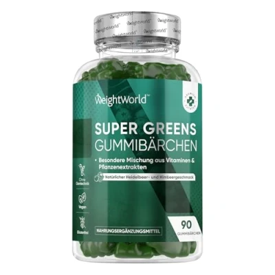 Obrázek Super Greens 90 veganských multivitaminových gumiček s komplexem vitaminu B 8 superpotravin, jako je chlorella, ječmen a moringa B12 &amp; zinek pro metabolismus, imunitní systém chutná chuť