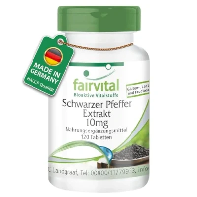 Obrázek Fairvital Extrakt z černého pepře 10 mg 120 tablet 95 % piperin 4měsíční balení 100% veganské testováno na kvalitu Made in Germany