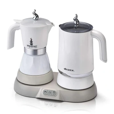 Obrázek Ariete 1344 snídaňová stanice, 3 výrobky v 1: Moka napěňovač mléka a studený, 500 W, 4/2 šálky, udržuje kávu teplo, 5 funkcí, bílá