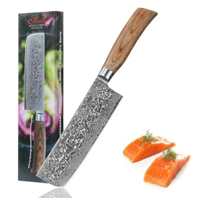 Obrázek Wakoli EDIB Pro Premium Nakiri nůž s 18cm čepelí vyrobený z 67 vrstev pravé damaškové oceli dřevěnou rukojetí Pakka I damaškový nůž, kuchyňský a profesionální kuchařský