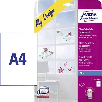 Obrázek AVERY Zweckform MD3002 fólie na sklo a okna (210 x 297 mm DIN A4, samolepicí, potištěná dekorační pro skleněné plochy, inkoustová/inkoustová tiskárna) 4 průhledné transferové