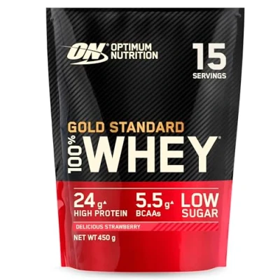 Obrázek Optimální výživa ON Gold Standard Whey Protein Powder, proteinový prášek pro budování svalů, přirozeně obsažený BCAA a glutamin, Delicious Strawberry, 15 porcí, 450g, balení se může lišit