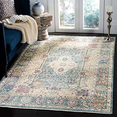 Obrázek SAFAVIEH Traditionell Teppich für Wohnzimmer, Esszimmer, Schlafzimmer Illusion Collection, Kurzer Flor, Blaugrün und Creme, 122 X 183 cm