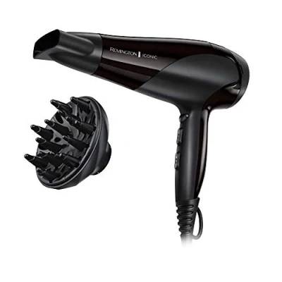 Obrázek Remington ionizační fén (2200 W, keramický ionizátor: šetrný styling a rovnoměrné rozložení tepla, 3 stupně teploty 2 intenzity foukání + chladný vzduch, nástavce) D3198