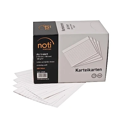 Obrázek Kartotéční lístky A6, 148 x 105 mm linkované, bílé, 400 kusů v praktickém zásobním boxu, pro slovní zásobu, jako kartičky s učebními kartami, moderátory, kancelář a škola 180 g/m²