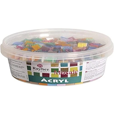 Obrázek Rayher Hobby akrylové mozaikové kameny mix, třpytky, 1 x cm, čtvercové, cca 200 kusů, dóza 300 g, transparentní, průsvitné, pestrá směs, plastové kameny, plastová mozaika, 14791999