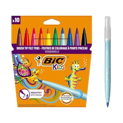 Obrázek BIC Kids fixy Visaquarel, na malování v 10 omyvatelných barvách, s flexibilním hrotem štětce, kartonovém pouzdru, ochranou proti vysychání