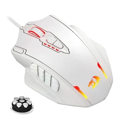 Obrázek Redragon M908 Impact RGB LED myš s bočními tlačítky, optická kabelová herní 12 400 DPI, vysoká přesnost, 20 programovatelných tlačítek myši, bílá