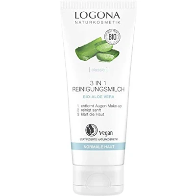 Obrázek bio 3 v 1 čisticí mléko od LOGONA přírodní kosmetika s aloe vera pro normální až suchou pokožku, důkladně čistí a do hloubky pórů dodává pokožce vlhkost, &amp; vegan, 100 ml