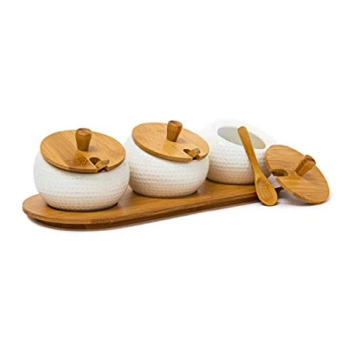 Obrázek Relaxdays Držák na koření JIAO z keramiky a bambusu V x Š H: cca 8,5 30,5 12 cm Nádoby s víkem držákem jako stojan misky stůl včetně vhodné lžíce, přírodní