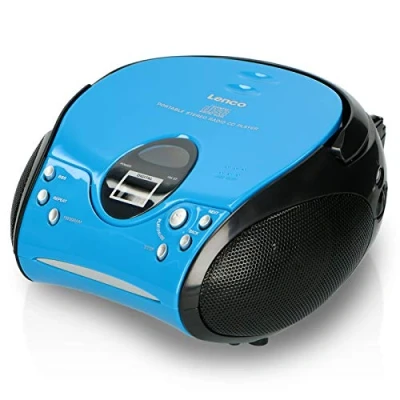 Obrázek Lenco SCD24 s auxiliary CD přehrávač pro děti rádio stereo systém boombox UKW tuner paměť titulů 2 x 1,5 W RMS výkon napájení ze sítě a baterie modrý