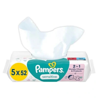 Obrázek Pampers Sensitive vlhčené ubrousky 5 balení po 52 kusech 260 vlhkých ubrousků, bez vůně, pro jemné a měkké čištění