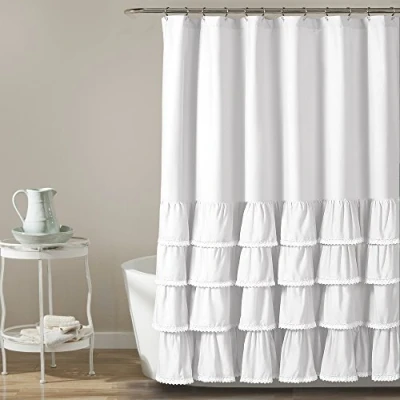 Obrázek Lush Decor Sprchový závěs Ella s krajkovým designem volánky, Shabby Chic, styl statku, koupelna, 182,9 x 183 cm, bílý