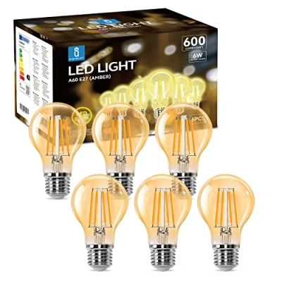 Obrázek Aigostar LED E27 Vintage žárovka 6 W (nahrazuje 48 W), 600 lumenů, teplá bílá 2200 K, vyzařovací úhel 330, A60 Edison lampa Filament retro jantar bez blikání, CRI&gt;80, kusů
