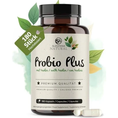 Obrázek Probio Plus 180 kapslí vč. mikrobu Bacillus Subtilis roku 2023, 20 miliard KbE denně (200 CFU/g) s inulinem kapsle odolné proti žaludečním šťávám, veganské vyrobené v Německu