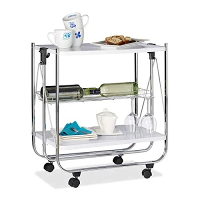 Obrázek Relaxdays Servírovací vozík skládací, bílý, 4 kolečka, kov, 2 police, koš, V x Š H 68,5 68 40,5 cm, kuchyňský vozík, bílý