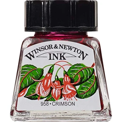 Obrázek Winsor &amp; Newton 1005203 Drawing Inks kreslicí tuš pro kaligrafie, ilustrátory, grafiky, umělce voděodolné barvy, vynikající průhlednost, láhev 14 ml karmínová