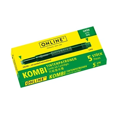 Obrázek ONLINE Kombinované inkoustové kazety, univerzální kompatibilní se všemi běžnými plniči, také Lamy plnivy, náhradní náplně, krabička s 5 velkokapacitními kazetami, barva: zelená