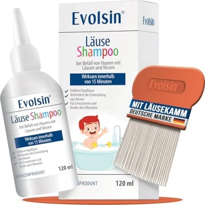 Obrázek Evolsin® 120 ml šamponu na vši a hřeben pro dospělé děti od 6 měsíců při napadení vlasů s hnidy vší prostředek šetrný k pokožce hlavy působí za 15 minut