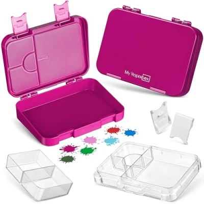 Obrázek My Vesperbox Len Bento box pro děti krabička na oběd se 4 + 2 přihrádkami extrémně robustní svačinu svačinový ideální do školky a školy... (fialová)