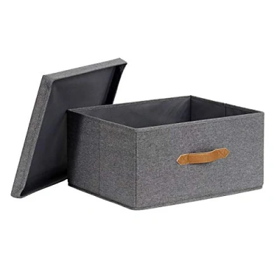 Obrázek LOVE IT STORE Premium úložný box látka s víkem z vysoce kvalitní lněné látky zesílený dřevem extra velký a stabilní šedý 43 x 33 21 cm