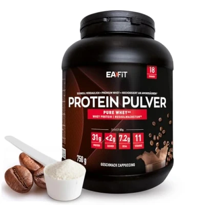 Obrázek Whey Protein prášek cappuccino 750 g Premium syrovátkové proteiny pro růst svalů proteinové izoláty proteinový preparáty EAFIT made in France