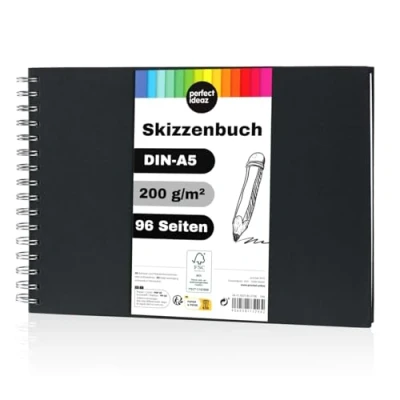 Obrázek perfect ideaz Skicák DIN A5 na šířku, spirálová vazba, certifikace FSC®, 96 stran (48 listů), tvrdé desky černý, sketchbook, 200 g/m² silný papír, bez obsahu kyselin