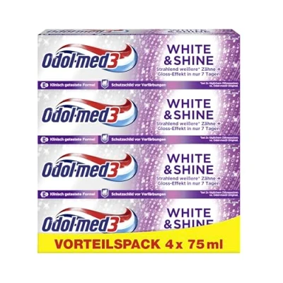 Obrázek Odol med3 zubní pasta bílá &amp; Shine, bělení/zuby rozjasňující, 4 x 75 ml, med 3 osvědčená ochrana v 1.