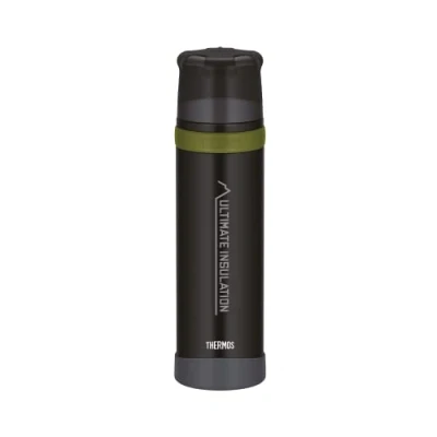 Obrázek Thermos termoska Mountain Beverage Bottle 0,50 l, černá, z ušlechtilé oceli s pohárkem na pití, 24 h horká/24 studená, lehká outdoorová láhev, robustní, rozložitelný uzávěr, bez BPA