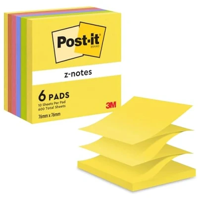 Obrázek Post it Kolekce Neon Rainbow od Z Notes, balení se 6 bloky, 100 listů na blok, 76 mm x mm, barvy: žlutá, zelená, fialová, růžová, oranžová samolepicí poznámkový blok pro poznámky a vzpomínky