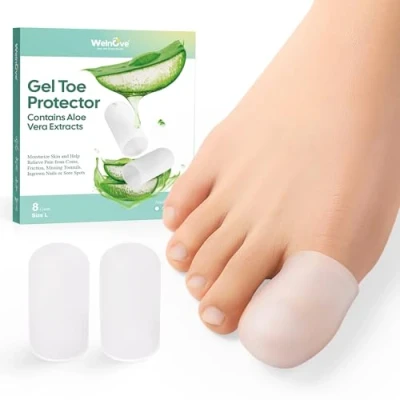 Obrázek Welnove 8x silikonové špičky na prsty s Aloe Vera ochrana pro kuří oka, puchýře a kladívcích při zarůstání nehtů bolestí balů (8 l, čirá)