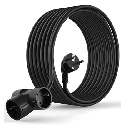 Obrázek MutecPower 7,5 metru prodlužovací kabel Schuko s 3násobnými zásuvkami 90 zahnutý EU zástrčka ochranným kontaktem a spojkami do 250 V, 50 Hz, 16 A, IP207,5 m,