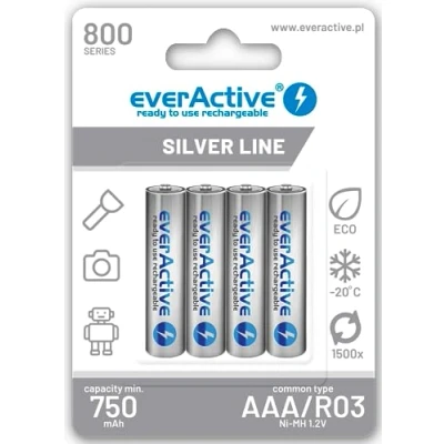 Obrázek everActive Baterie AAA 800 mAh 2 kusy, NI MH, Micro R03, dobíjecí baterie, přednabitá, Silver Line 1,2 V, 1 blistrová karta