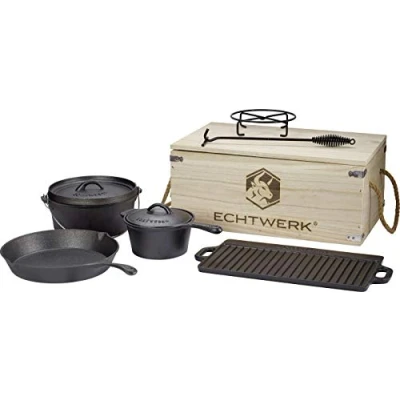 Obrázek ECHTWERK 7dílná sada Dutch Oven z litiny v dřevěné bedně, hrnců na vaření s hrncem vaření, hrnec rukojetí, grilovací deska, pánev, zvedák pokličky a tácek smažení, již vypálené