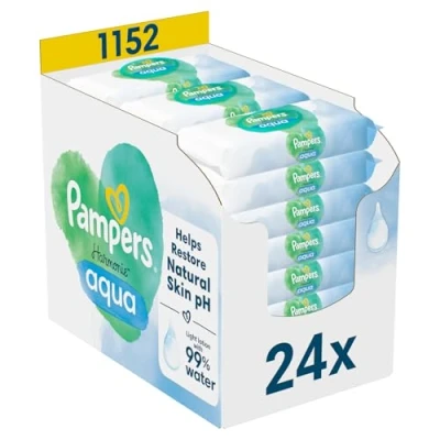 Obrázek Pampers Harmonie Aqua vlhčené ubrousky 24 balení po 48 vlhkých ubrouskech 1152 ubrousků, které pomáhají obnovit přirozenou hodnotu pH pokožky, lehké mléko s 99 % vodou