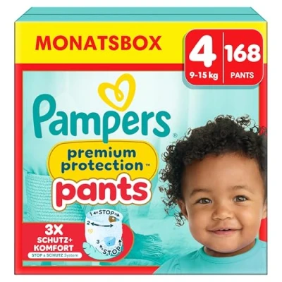 Obrázek Pampers Dětské plenky Pants velikost 4 (9 15 kg) Premium Protection, maxi s taštičkou proti zastavení a ochraně, měsíční box, 168 plenek do kalhotek