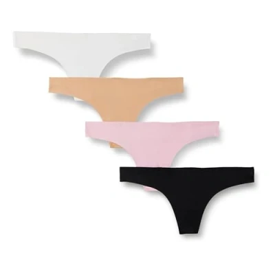 Obrázek Amazon Essentials Damen Nahtlose Stringunterwäsche aus Gebondetem Stretch, 4er Pack, Hellrosa/Kamelbraun/Schwarz/Weiß, 42