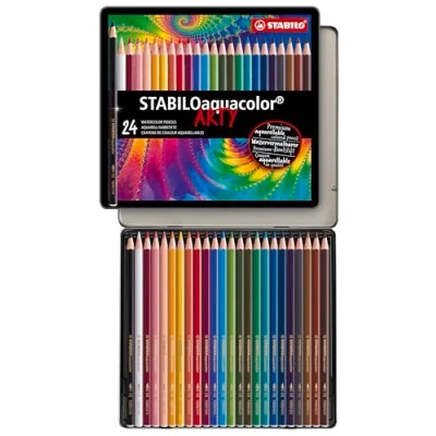 Obrázek akvarelové pastelky STABILO aquacolor ARTY 24dílné kovové pouzdro 24 různých barev