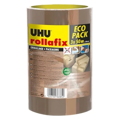 Obrázek UHU Rollafix balicí páska, vysoce kvalitní obalová lepicí hnědá, 3 x 50 m