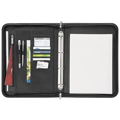 Obrázek Wedo 586001 konferenční desky Accento DIN A4 z umělé kůže, zip, několik přihrádek uvnitř a vně gumová smyčka, 4kroužková mechanika včetně bloku na psaní, černá barva