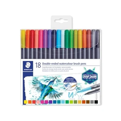 Obrázek STAEDTLER 3001 TB18 dvojitý štětec (jemná špička a štětce, pro akvarelové efekty) průhledné skládací pouzdro s 18 zářivými barvami