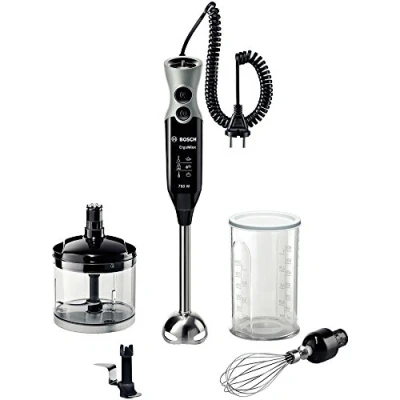 Obrázek Bosch Tyčový mixér ErgoMixx MSM67170, nerezová mixovací noha, univerzální sekáček, a odměrka, šlehací metla, čepel Ice Crush, lehký kryt, 12 stupňů plus turbo stupeň, 750 W, černá/šedá