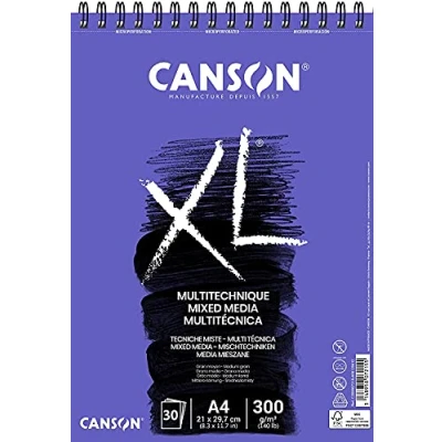 Obrázek CANSON XL texturovaný, smíšený papír Media, střední zrnitost, 300 g/m², na krátké straně spirálový blok, DIN A4 21 x 29,7 cm, bílý, 30 listů